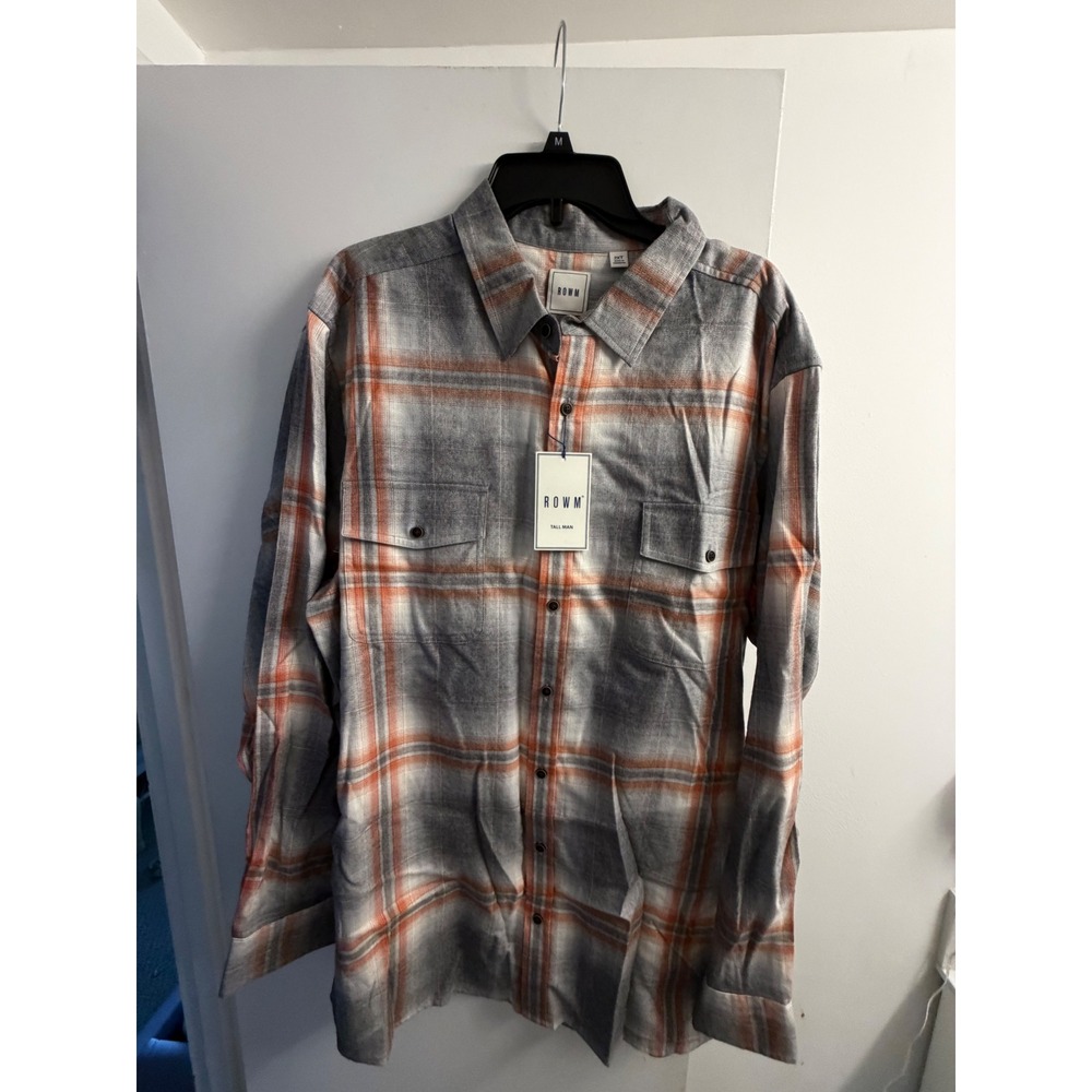 ROWM Tall Man Plaid Button Down Shirt Grey Orange White 2XT NEW